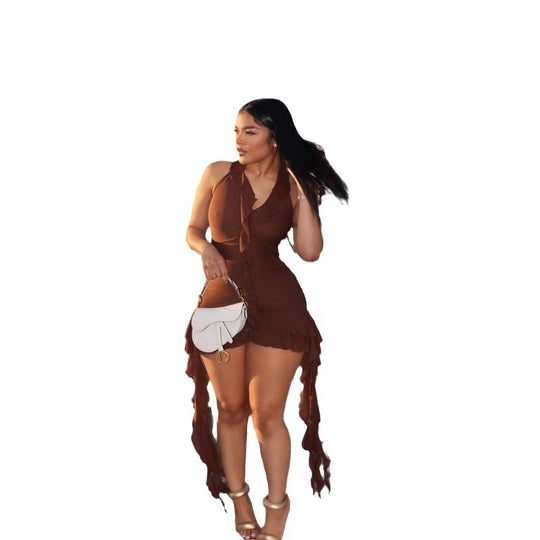 Damen sexy Minikleid mit Rüschen und schulterfreiem Design R&B