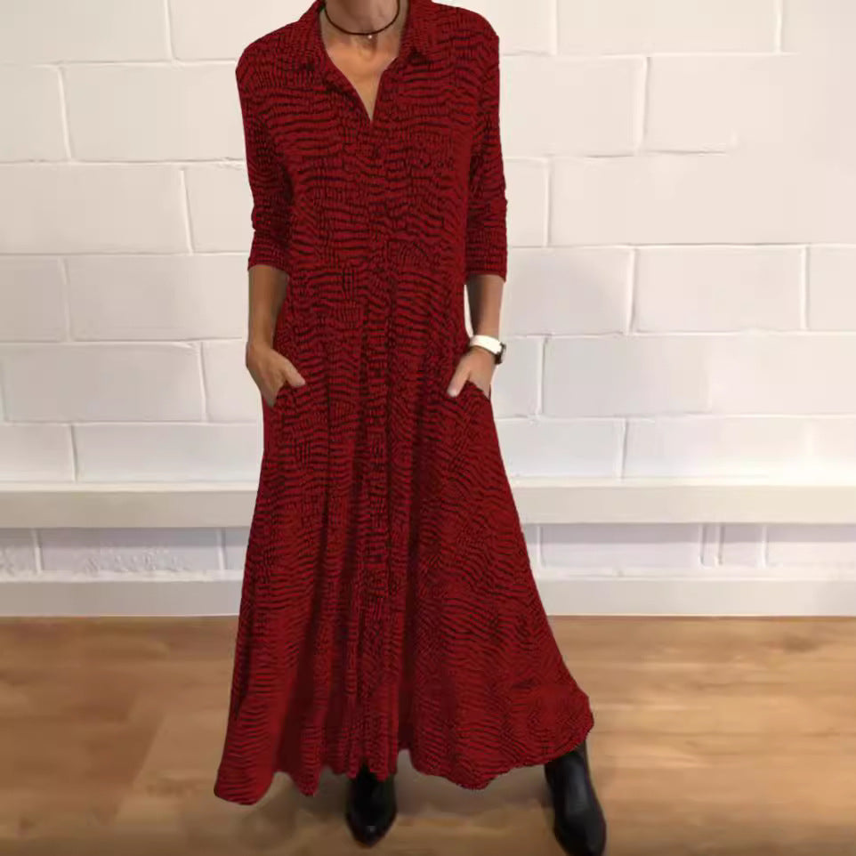 Damen nan fließendes Maxikleid mit Hemdblusenkragen, V-Ausschnitt, dreiviertelärmeln und Seitentaschen R&B