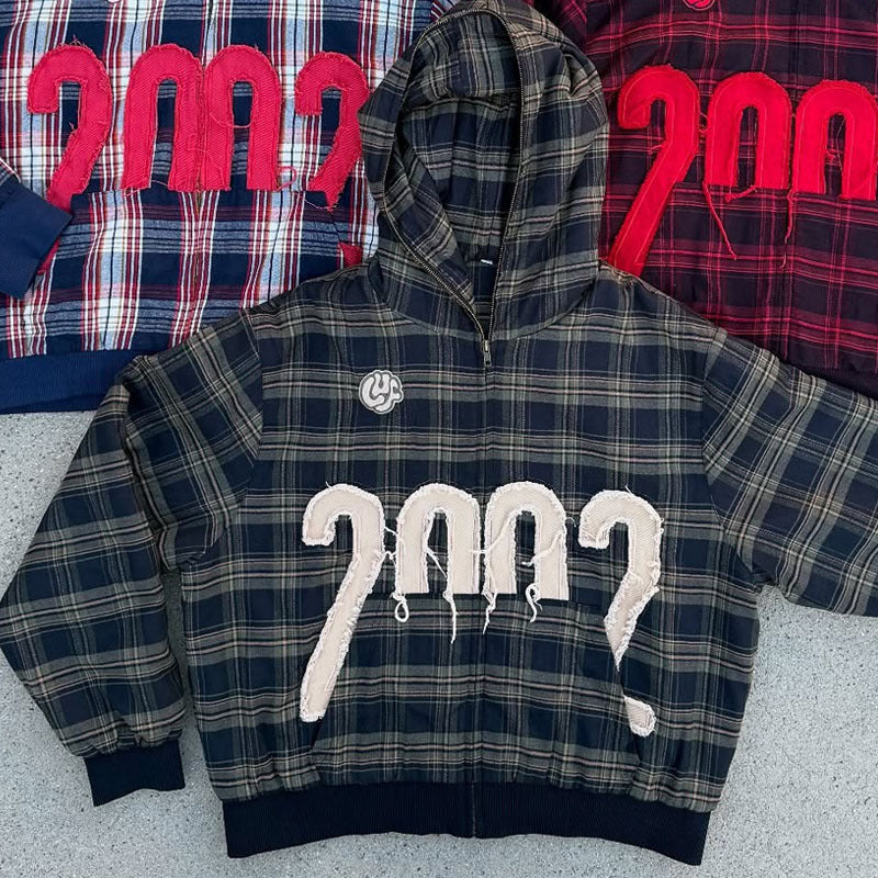Unisex nan karierter Kapuzenpullover mit fransiger Jahreszahl-Applikation und Rippbündchen R&B