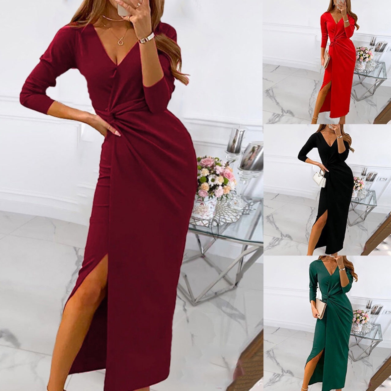 Damen Wickelmaxikleid mit elegantem Schlitz und tiefem V-Ausschnitt R&B