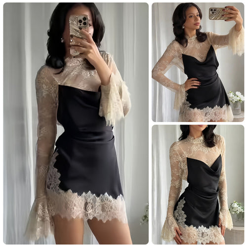 Damen Chiffon Abendkleid mit eleganten Spitzendetails und schwingenden Ärmeln R&B
