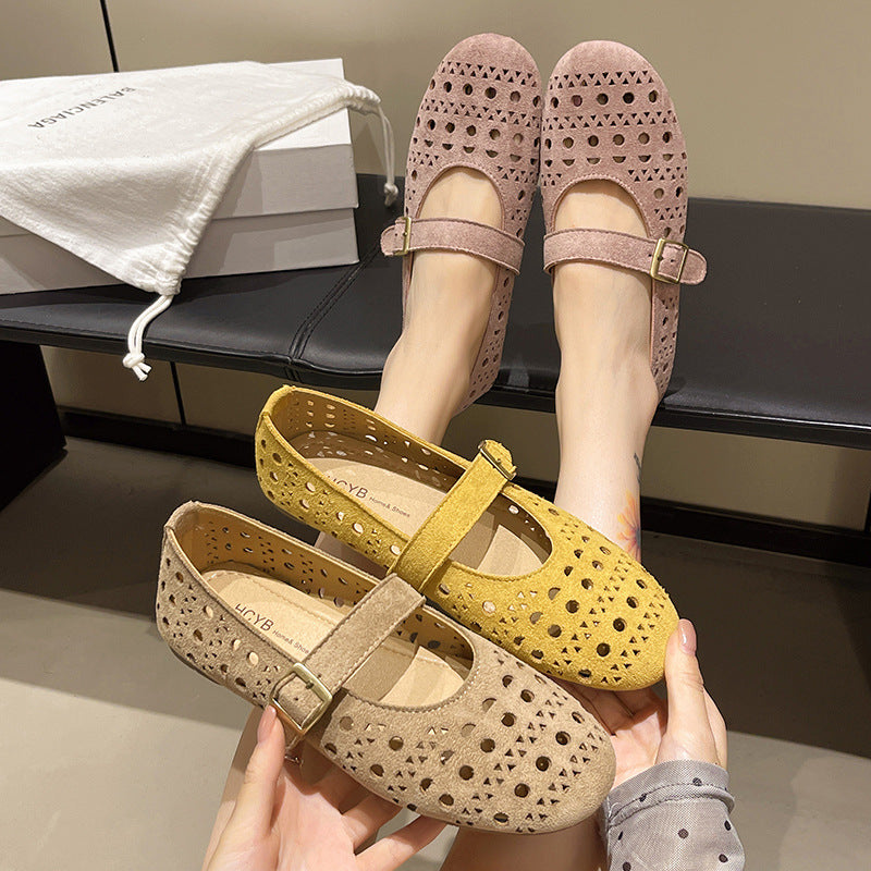 Damen Ballerinas mit romantischem Lochmuster und verstellbarem Riemen R&B