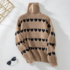 Damen Strickpullover mit Herzmuster und hohem Kragen