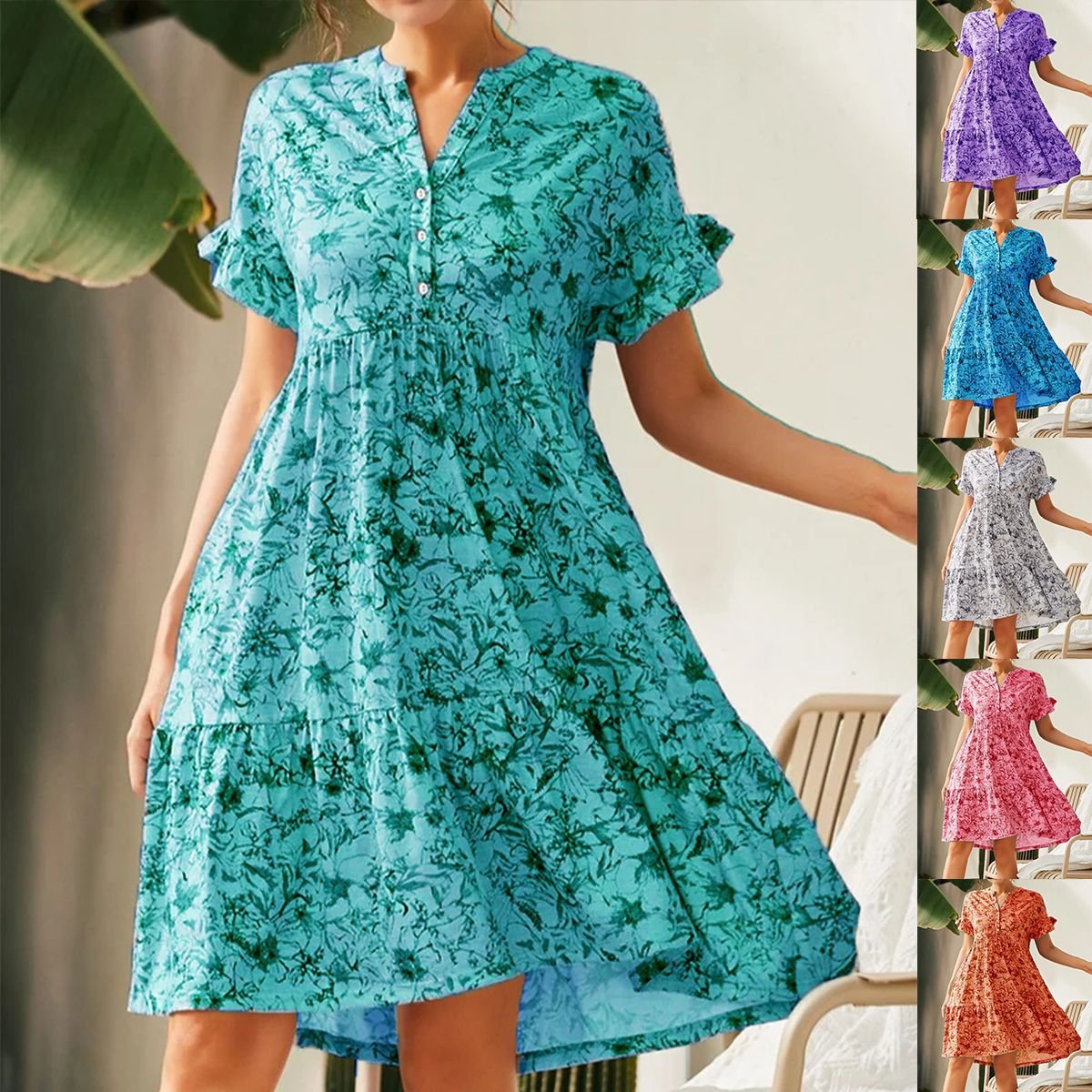 Damen lässiges Blumenkleid mit Knopfleiste und Rüschendetails R&B