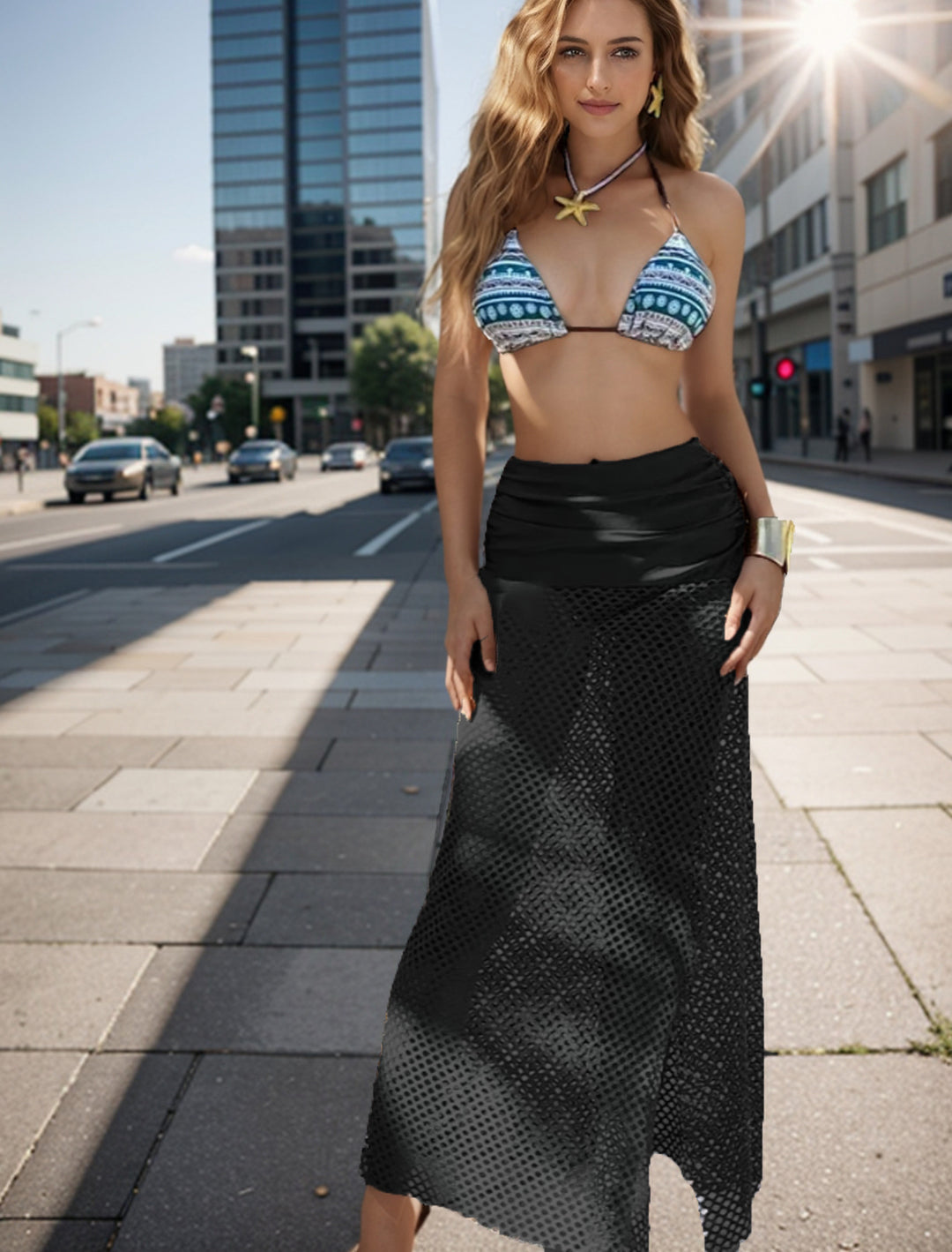 Damen Bikini-Set mit geometrischem Druck und transparenter Strick-Überschlag R&B