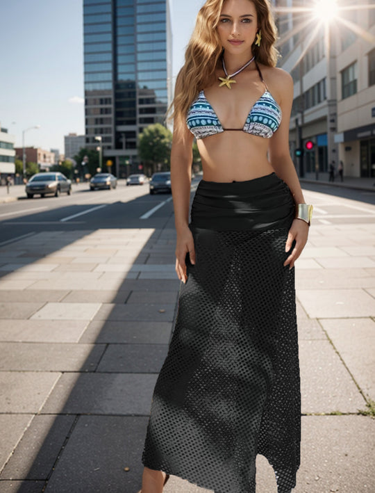 Damen Bikini-Set mit geometrischem Druck und transparenter Strick-Überschlag R&B
