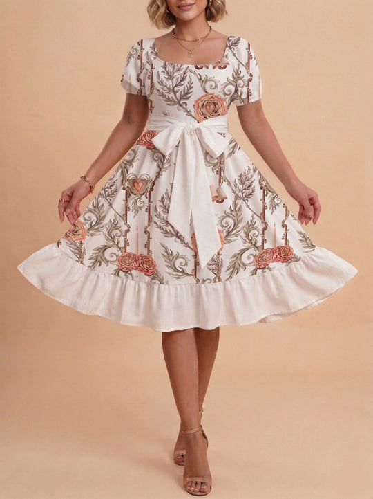 Damen Retro Maxikleid mit Puffärmeln und Taillengürtel R&B
