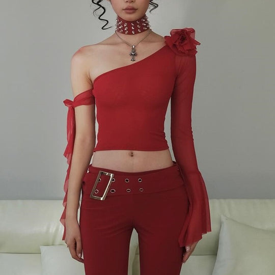 Damen Off-Shoulder Oberteil mit transparenten Ärmeln und dekorativen Akzenten R&B