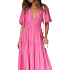 Damen Maxikleid mit tiefem V-Ausschnitt und schwingendem Rock R&B