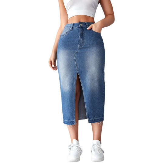 Damen Denim-Midirock mit hohem Schlitz und fransigem Saum R&B