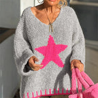 Damen Strickpullover mit V-Ausschnitt und auffälligem Sternenmuster