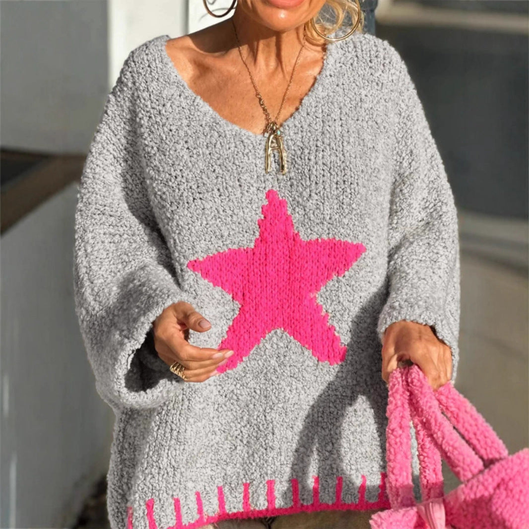 Damen Strickpullover mit V-Ausschnitt und auffälligem Sternenmuster