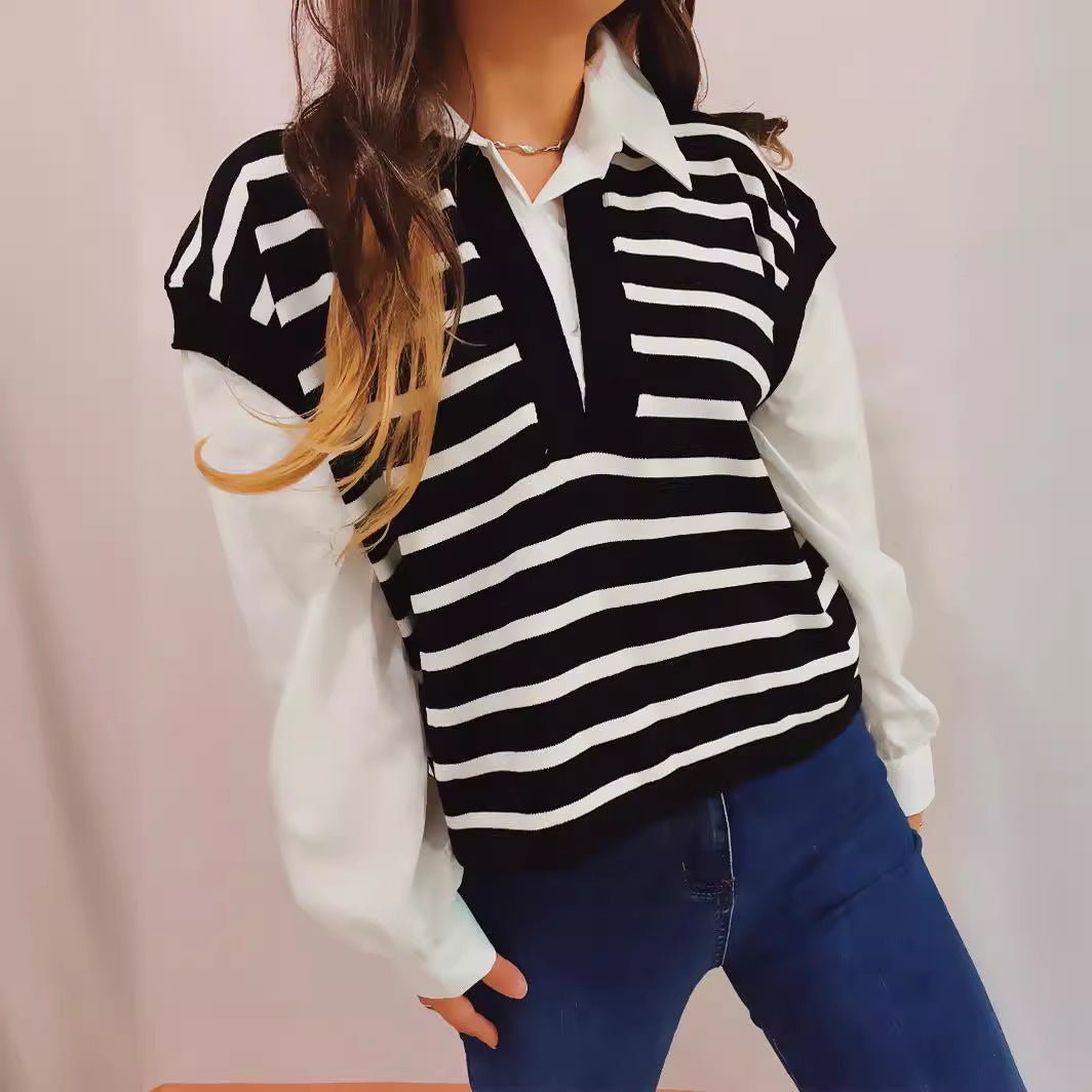 Damen lässiger Polo-Pullover mit gestreiften Design und leichten Puffärmeln R&B