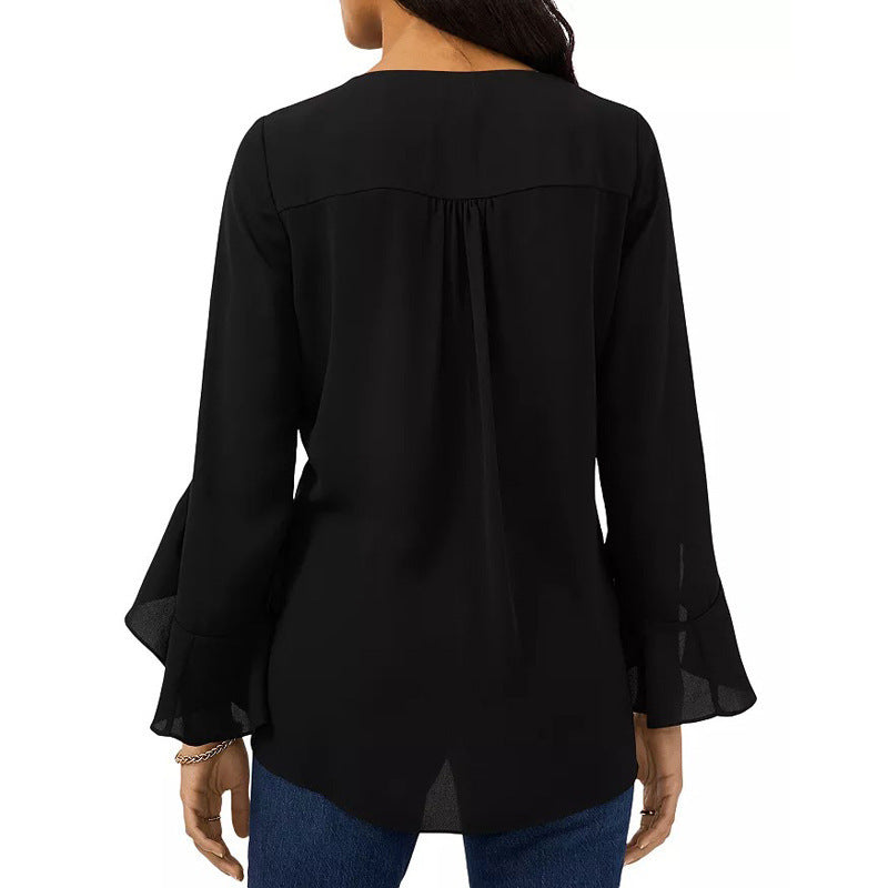 Damen Elegante Bluse mit Rüschendetails und tiefem V-Ausschnitt R&B