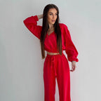 Damen Velours Freizeitanzug mit cropped Oberteil und weitem Bein