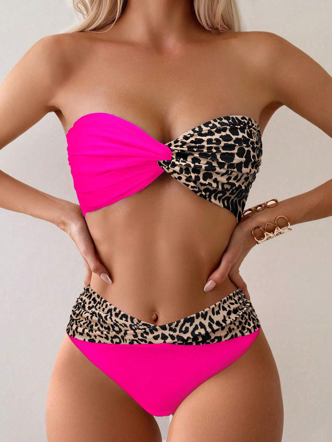 Damen Bandeau-Bikini mit modischem Leopardenmuster und leuchtendem Design R&B