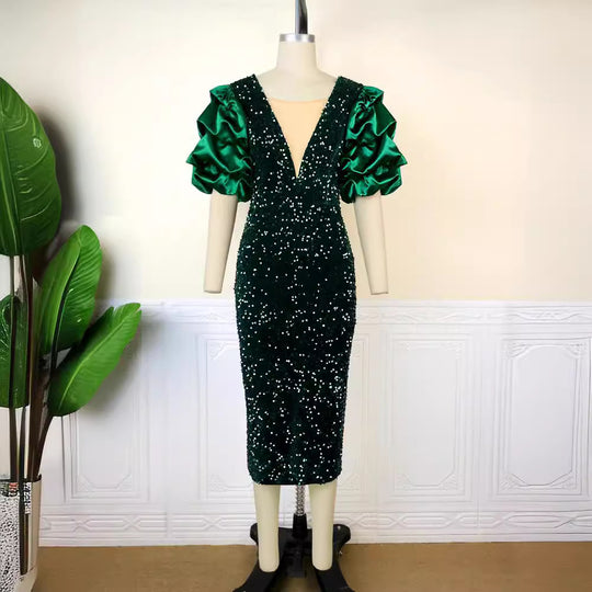 Damen Glamouröses Partykleid mit funkelnden Pailletten und voluminösen Ärmel R&B