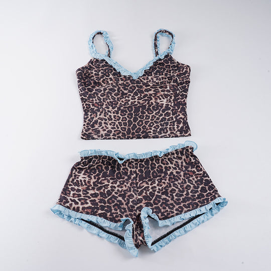 Damen Pyjama Set mit elegantem Leopardenmuster und Rüschendetails R&B