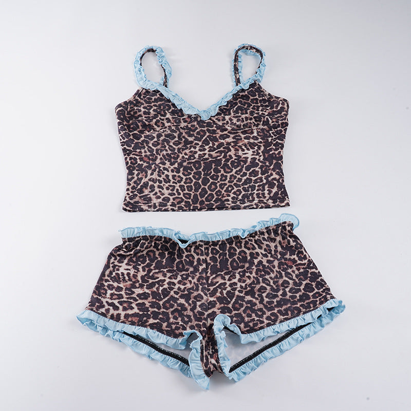 Damen Schlafanzug-Set mit Leopardenmuster und Rüschendetails R&B