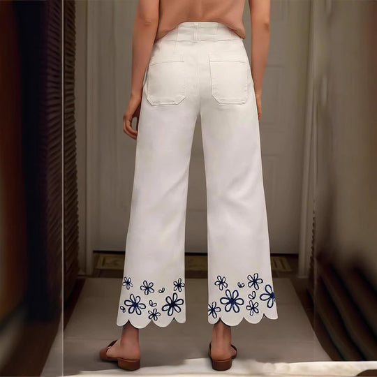 Damen Weite Culotte-Jeans mit gesticktem Blumenmuster R&B