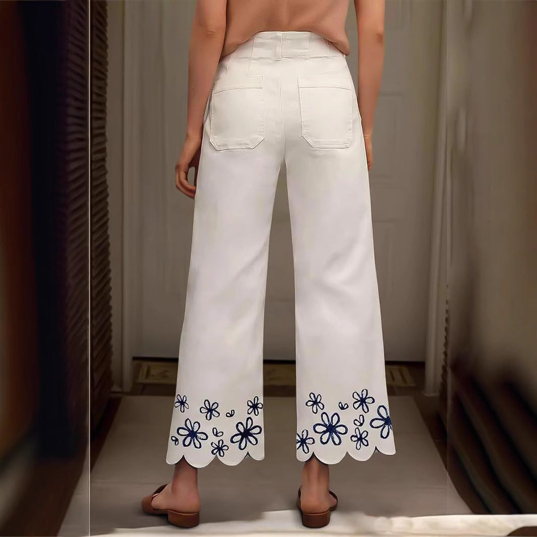Damen Weite Culotte-Jeans mit gesticktem Blumenmuster R&B