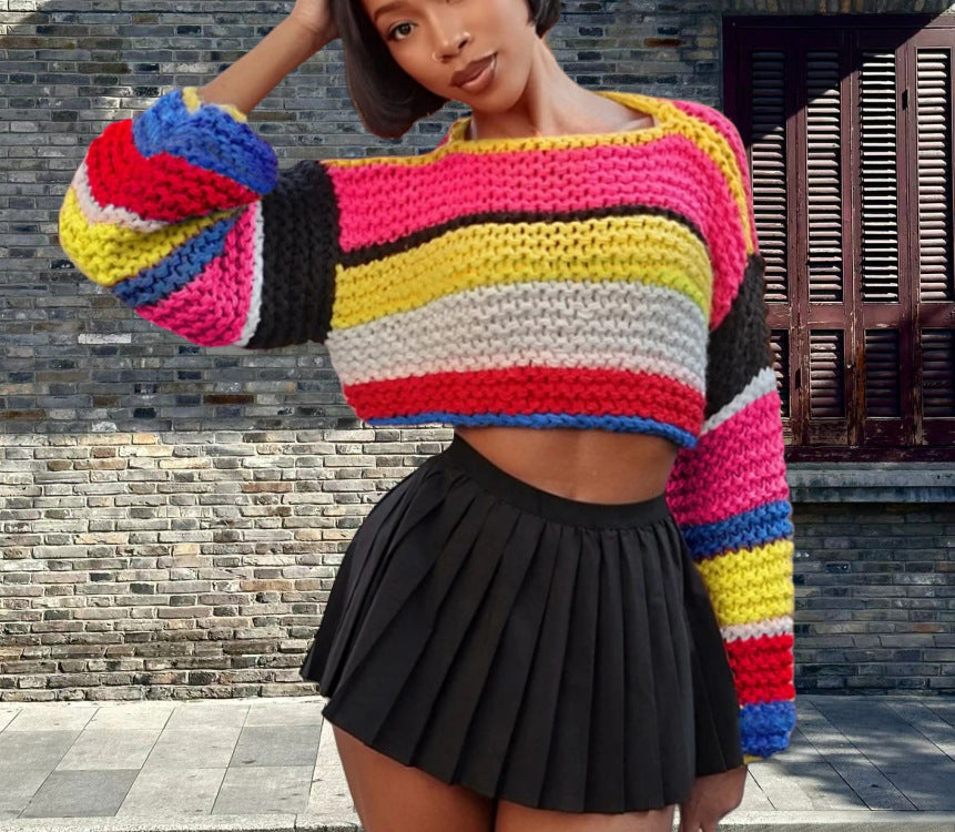 Damen Buntes Cropped Strickoberteil R&B