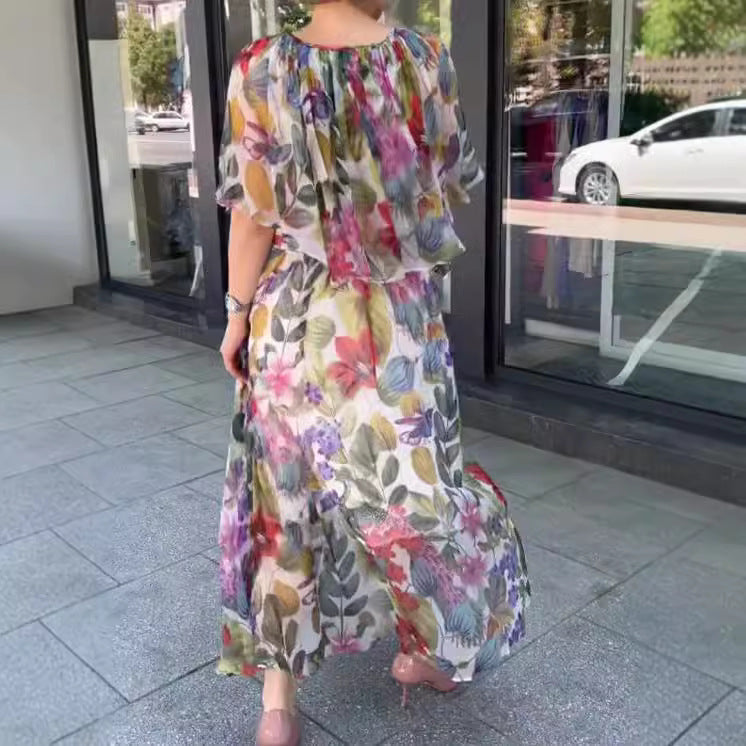 Damen nan luftiges Chiffon-Maxikleid mit floralem Print, gerafftem Rundhalsausschnitt und elastischem Taillenband R&B