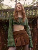 Damen luftiges gehäkeltes Crop-Top mit langen Ärmeln R&B