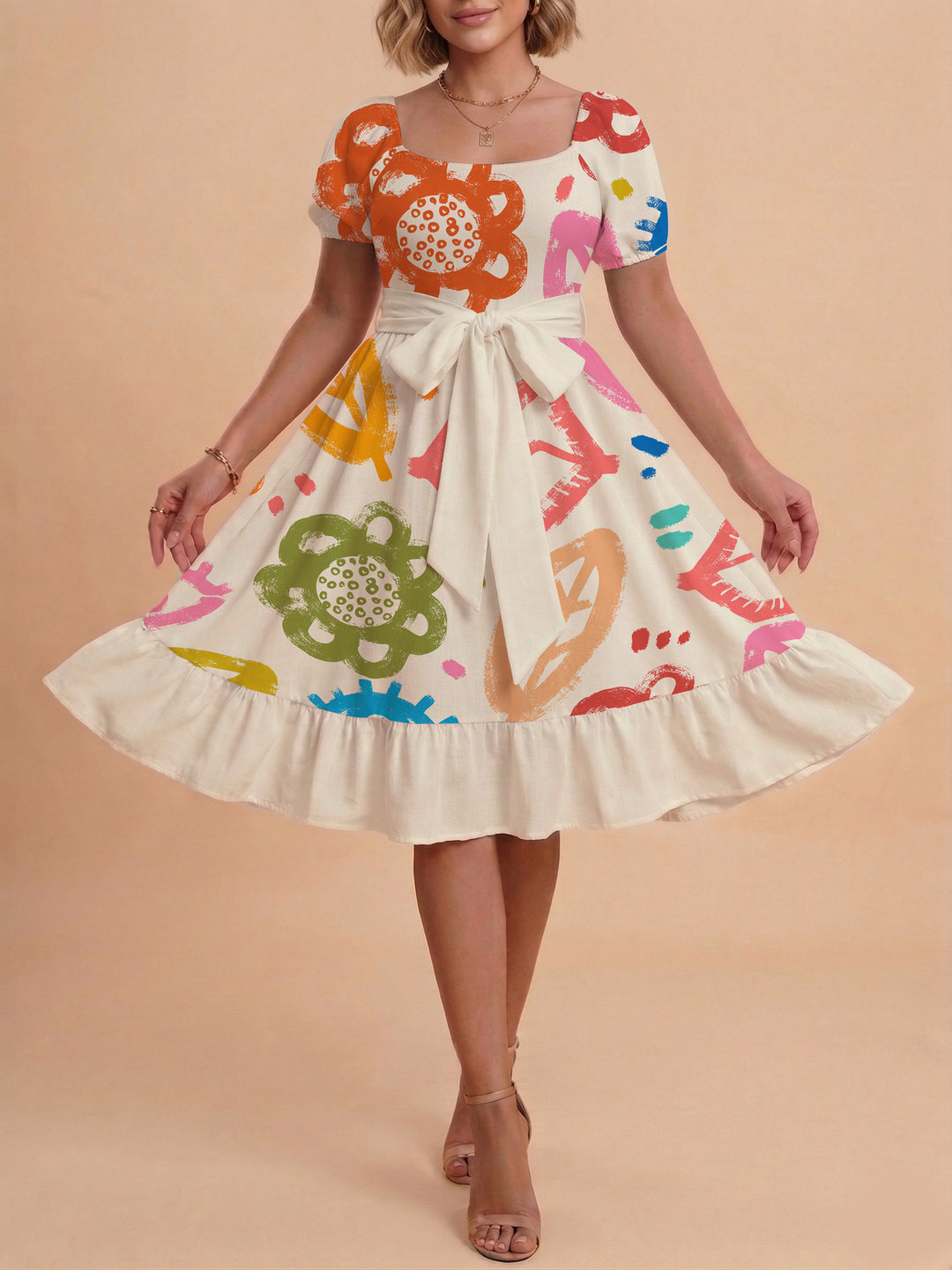 Damen Sommerkleid mit floralem Puffärmel und taillierbarem Gürtel R&B