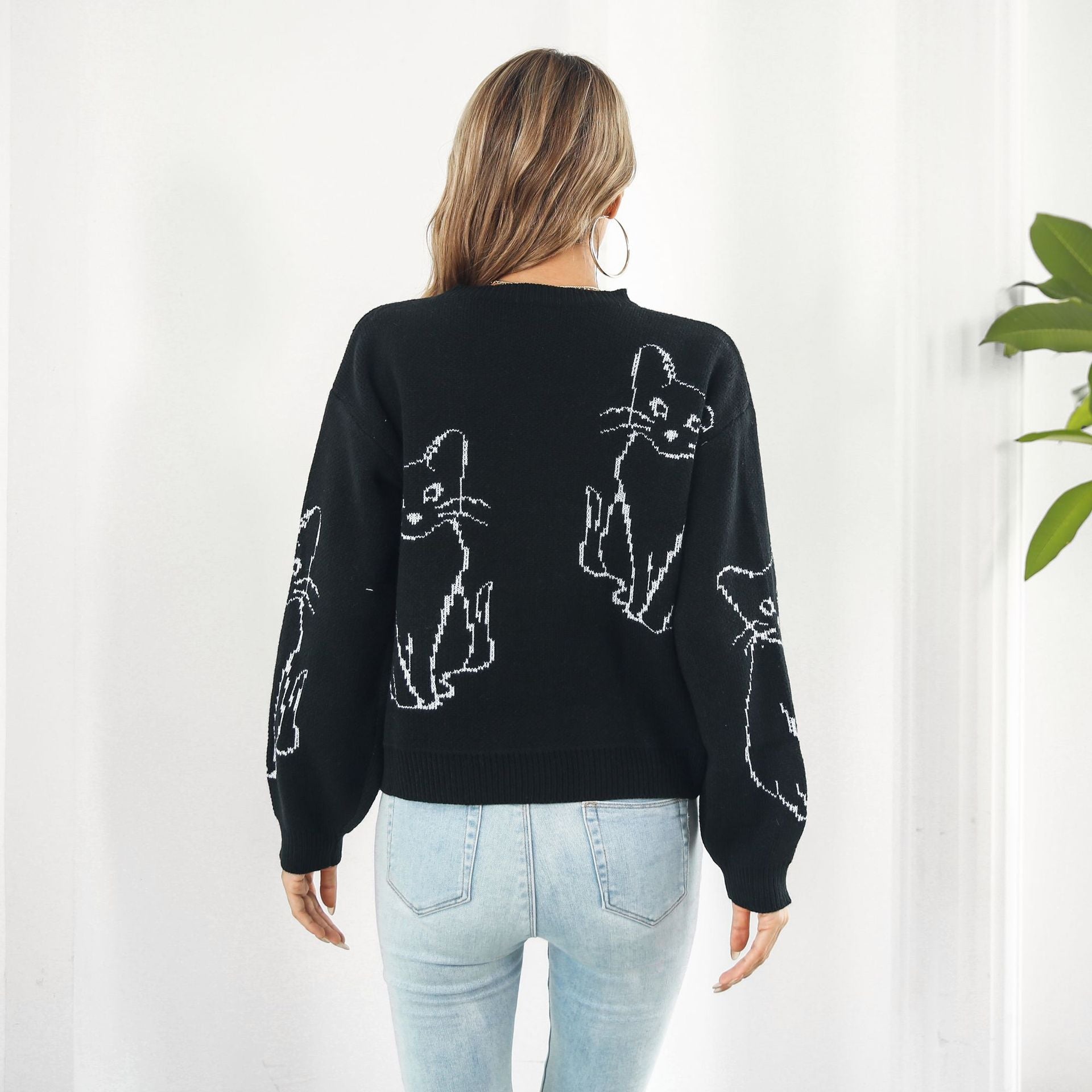 Damen Strickpullover mit verspieltem Katzenmotiv und lässigem Schnitt R&B