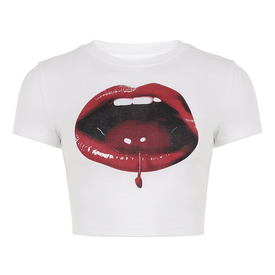 Damen cropped T-Shirt mit auffälligem Lippen-Print und modernen Schnittelementen R&B