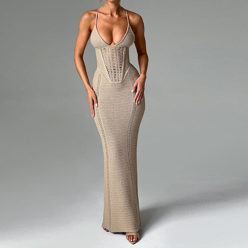 Damen Elegantes Maxikleid mit raffiniertem Rippendesign und tiefem V-Ausschnitt R&B