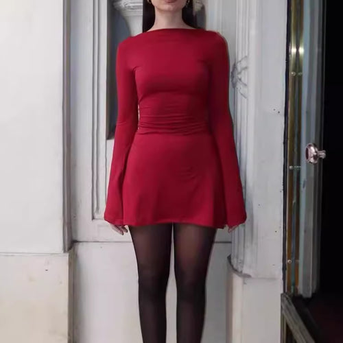 Damen elegantes Rüschen-Minikleid mit langen Ärmeln R&B