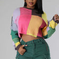 Damen modischer cropped Pulli mit buntem Patchwork-Design R&B