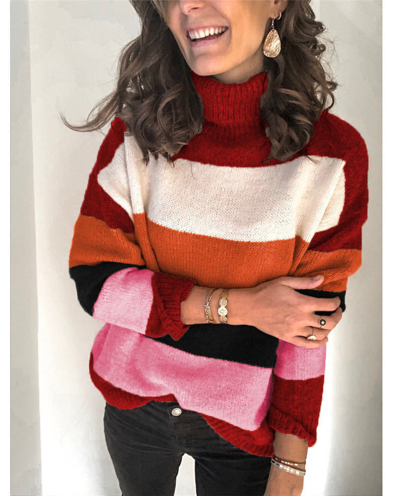 Damen modischer Strickpullover mit hohem Kragen und breitem Streifenmuster R&B
