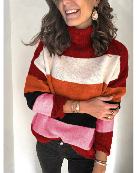 Damen modischer Strickpullover mit hohem Kragen und breitem Streifenmuster R&B