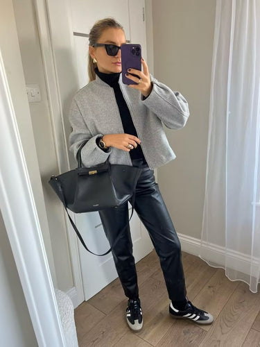 Damen lässige Übergangsjacke mit Stehkragen und asymmetrischem Schnitt R&B