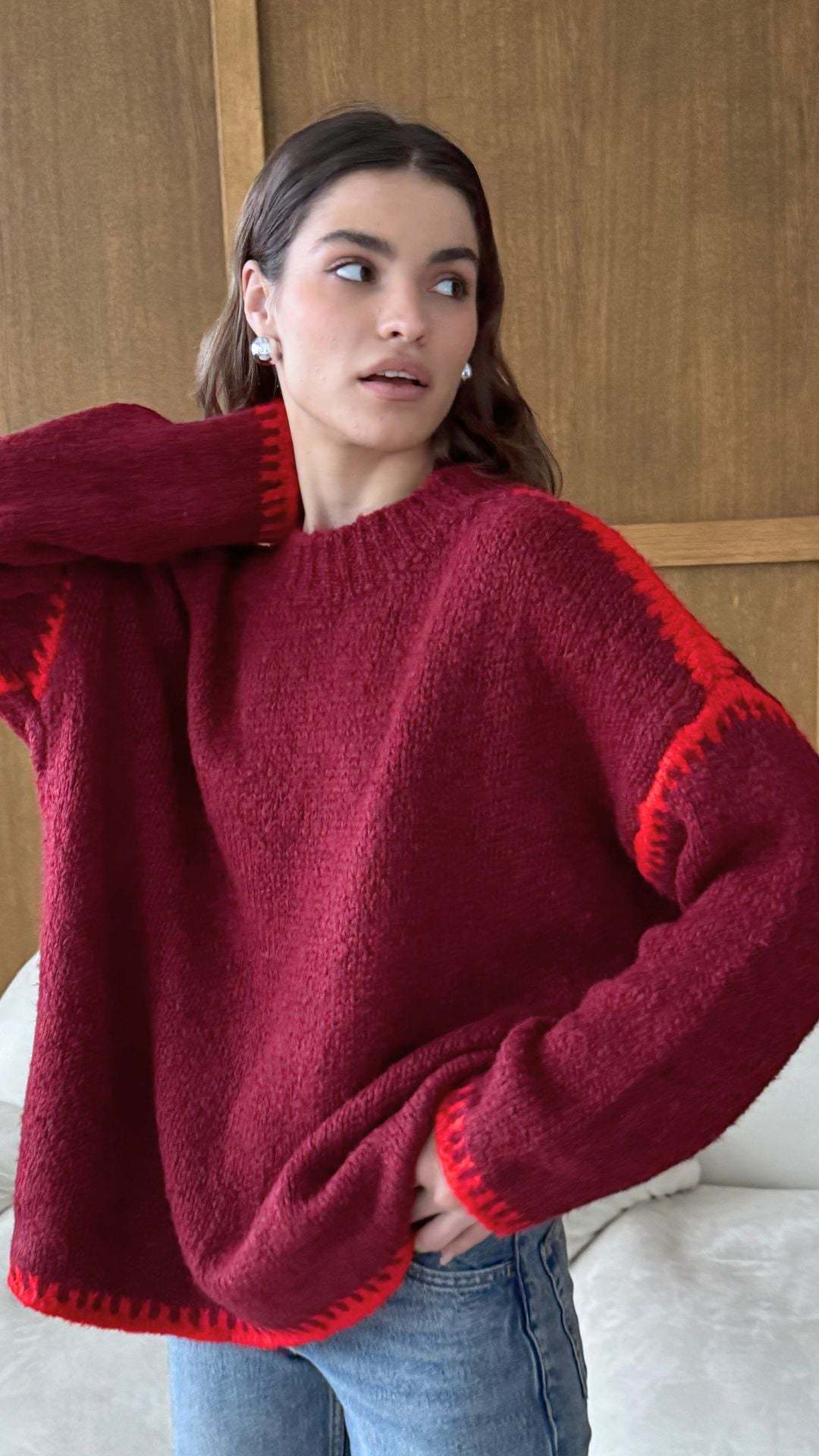 Damen kuscheliger Strickpullover mit kontrastierenden Akzentdetails R&B