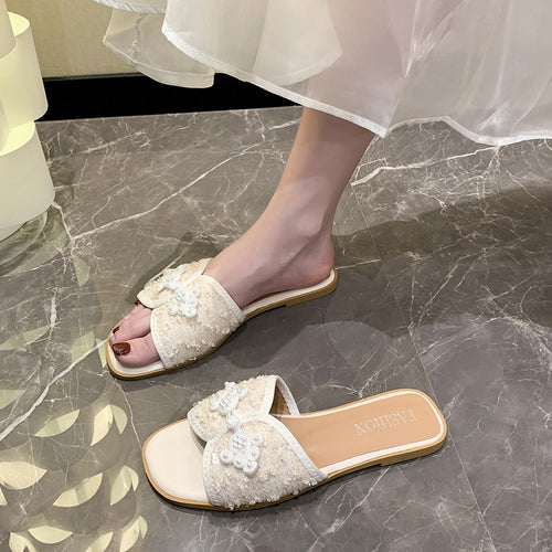 Damen nan elegante Mule mit quadratischer Zehenpartie Bouclé-Obermaterial und Perlenverzierung R&B