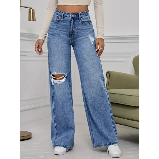Damen Weite Jeans mit schicken Rissdetails und hohem Bund R&B