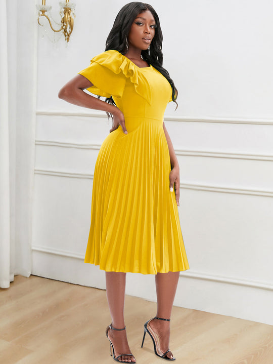 Damen Plissee-Kleid mit asymmetrischem Schnitt und eleganter Rüsche R&B