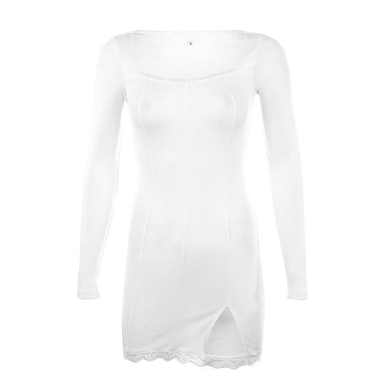Damen figurbetontes Langarmkleid mit Spitzenakzenten und sexy Schlitz R&B