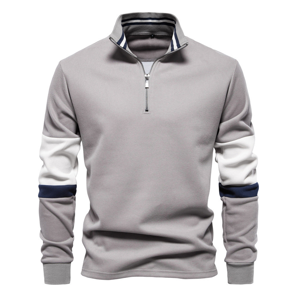 Herren nan Halbzip-Pullover mit Stehkragen, gestreiftem Krageninnenband und Kontrastärmeln R&B