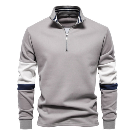 Herren nan Halbzip-Pullover mit Stehkragen, gestreiftem Krageninnenband und Kontrastärmeln R&B