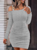 Damen Figurbetontes Strickkleid mit asymmetrischem Schulterdesign und dekorativen Akzenten