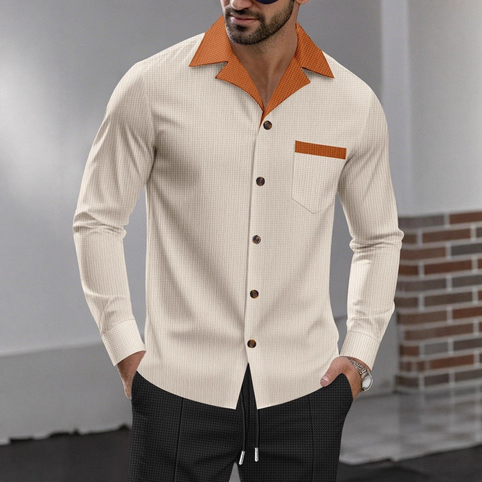 Herren modisches Langarmhemd mit kontrastierendem Kragen und Brusttasche R&B