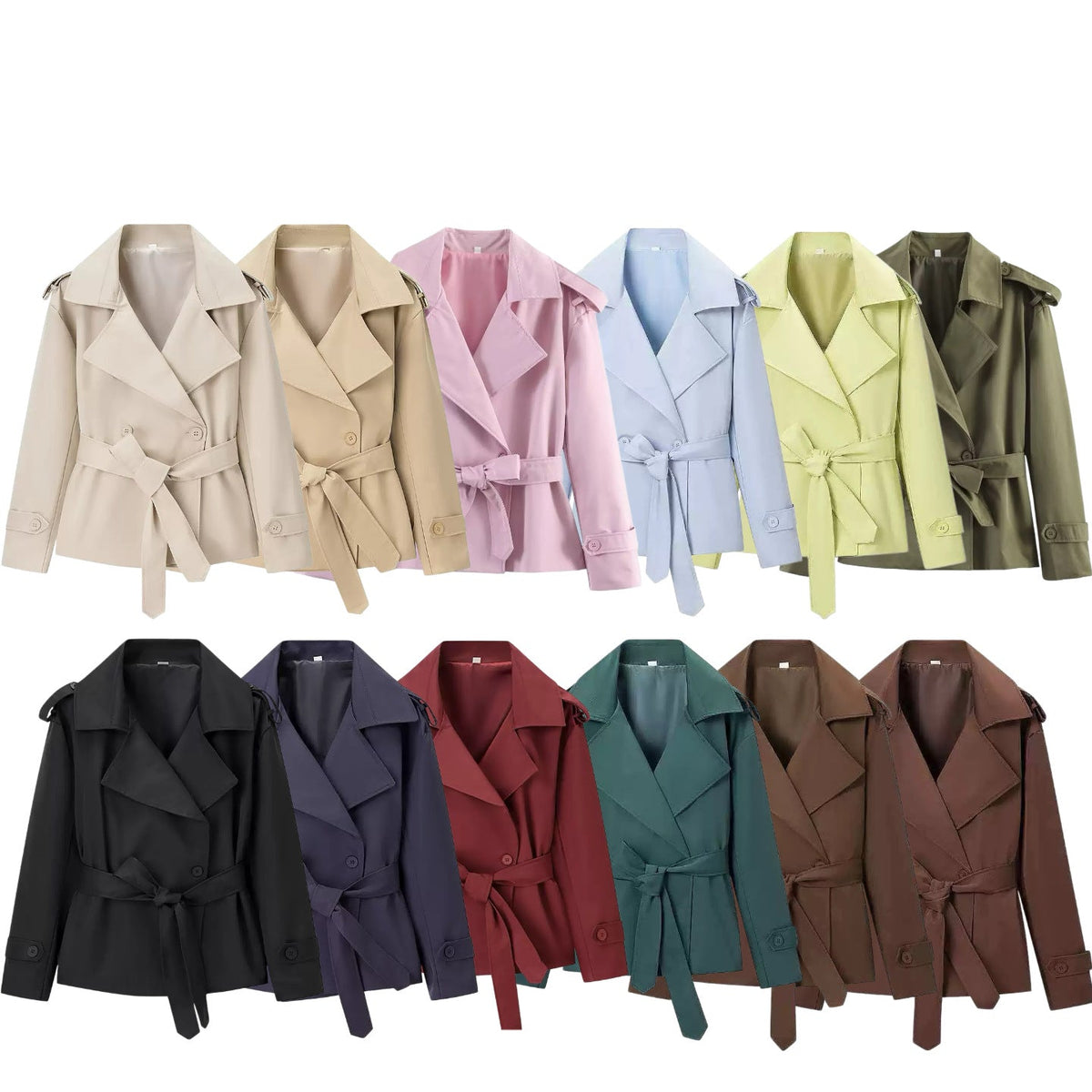 Damen nan kurze Trenchcoat Jacke mit Taillengürtel breitem Revers und dekorativen Schulterklappen R&B