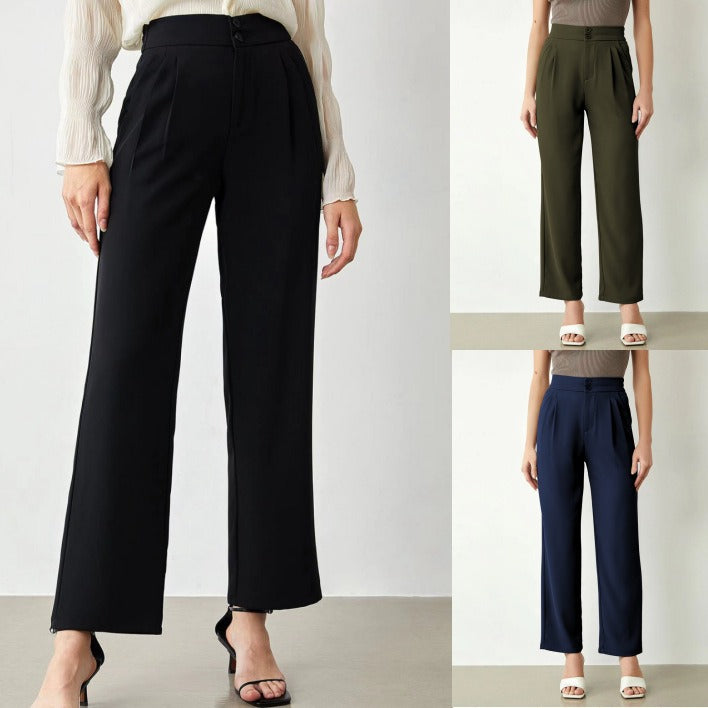 Damen elegante weite Stoffhose mit Bundfalten und hohem Taillenbündchen R&B