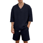 Unisex nan lässiges Lounge-Set mit V-Ausschnitt-Oberteil und Kordelbund-Shorts R&B