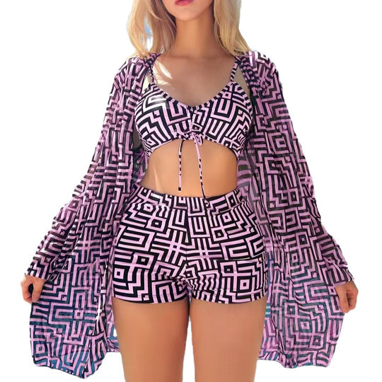 Damen modisches Bikini-Set mit geometrischen Mustern und transparenter Strandjacke R&B